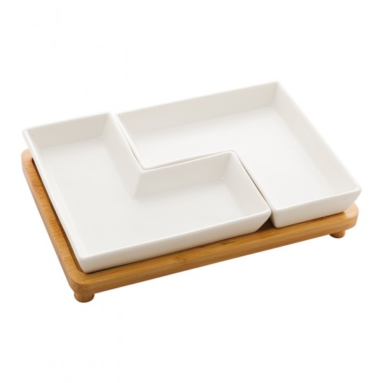Jogo 2 Petisqueiras 23x15x5cm Porcelana Branco Matt Com Bandeja Bambu